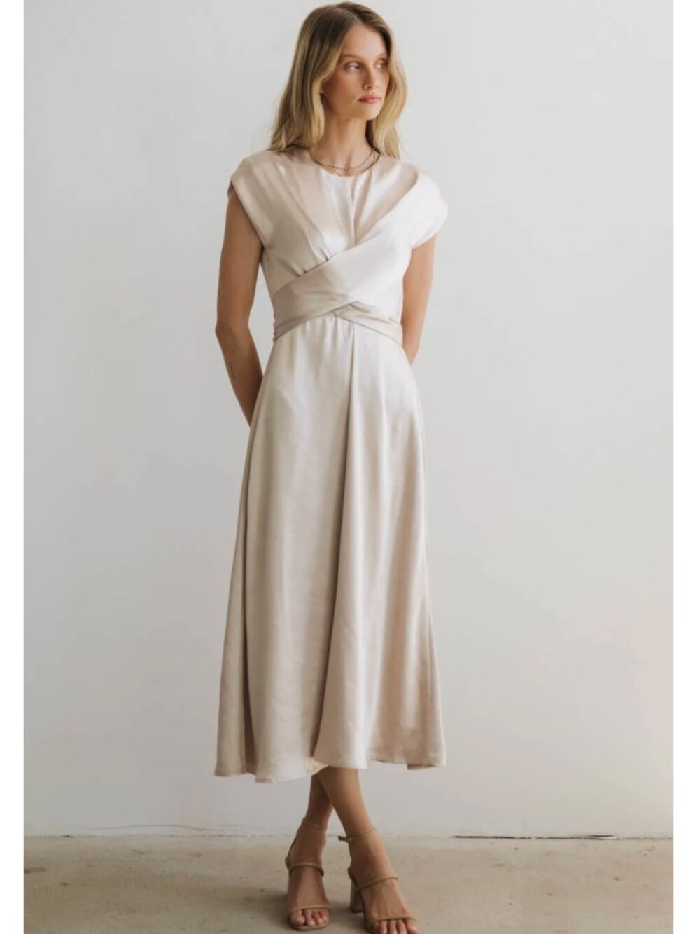 Böhme XS Champagne Satin Midi Dress Tie Waist Handkerchief Hem Formal Dress